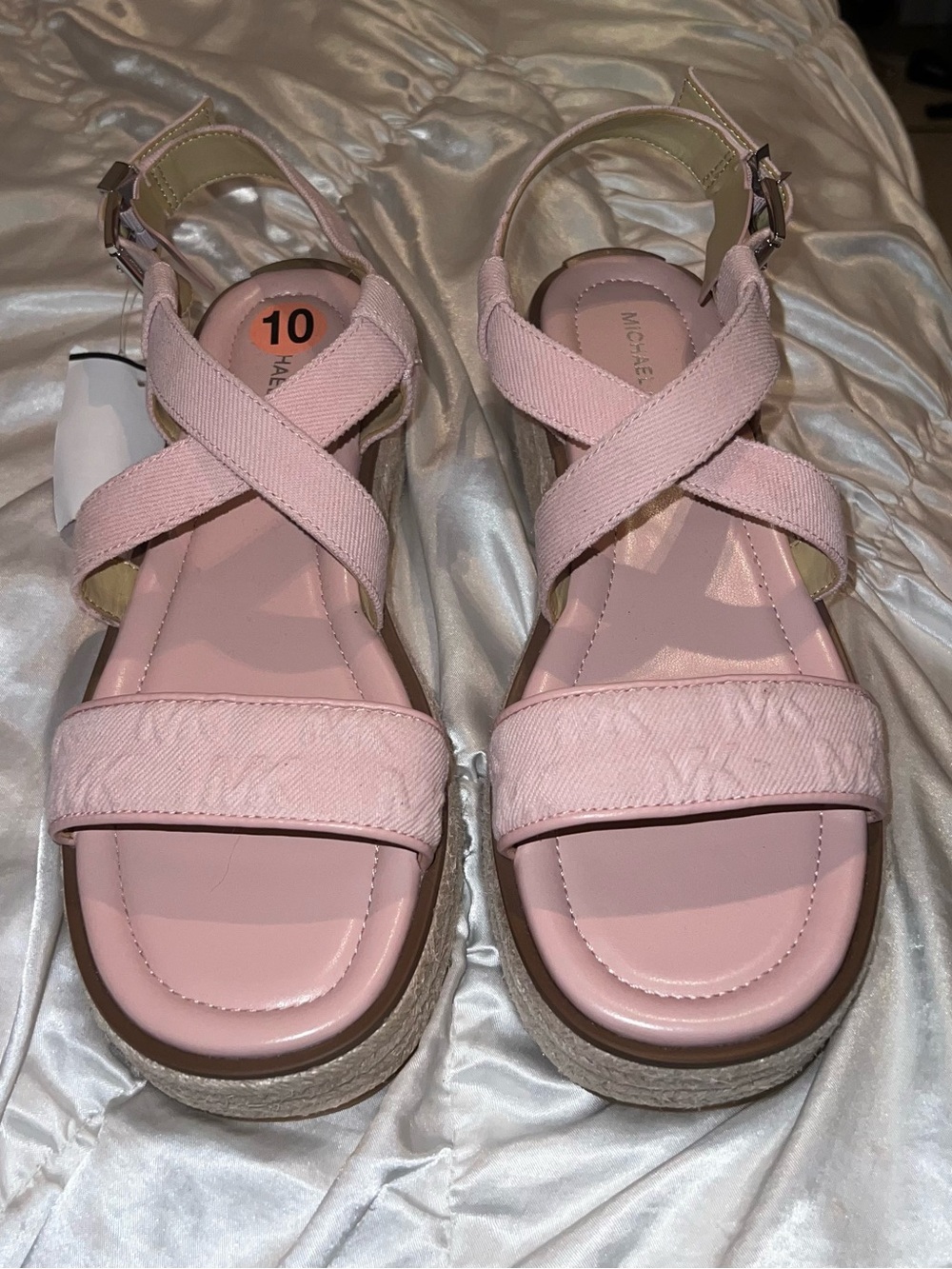 Michael Kors pink monogram platform espadrille sandals with silver Buckle
